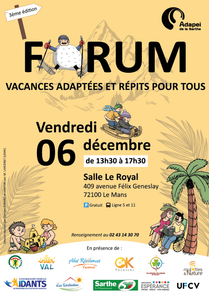 Affiche du Forum Vacances Adaptées et Répits pour Tous, 3ème édition, 6 décembre 2024, Le Mans.